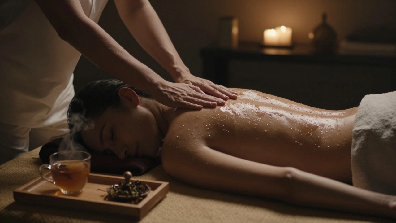 A couple lying entwined after a nuru massage, breathing calmly, with herbal tea nearby in a softly lit room.
