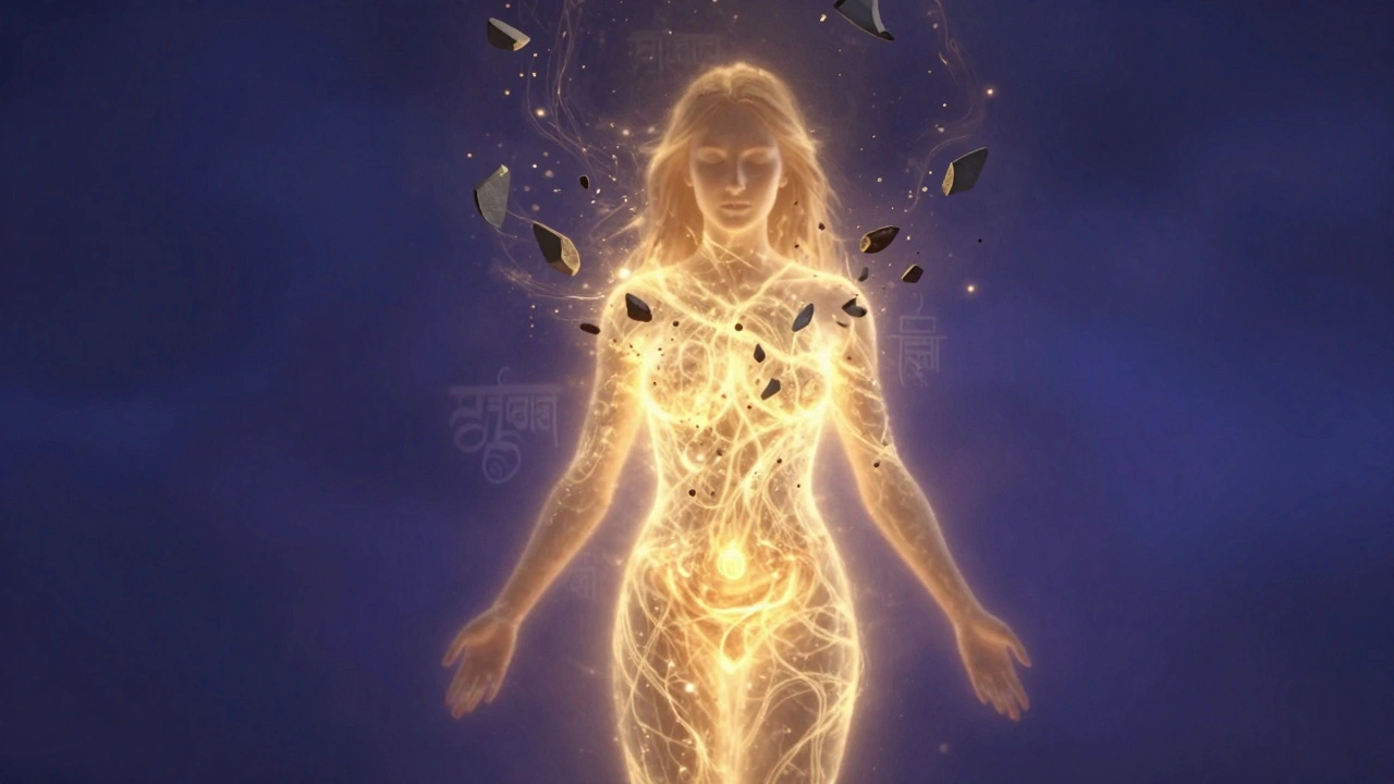 A glowing golden energy rises from a woman's pelvis, dissolving dark emotional fragments into light, surrounded by subtle sacred symbols in a deep indigo haze.