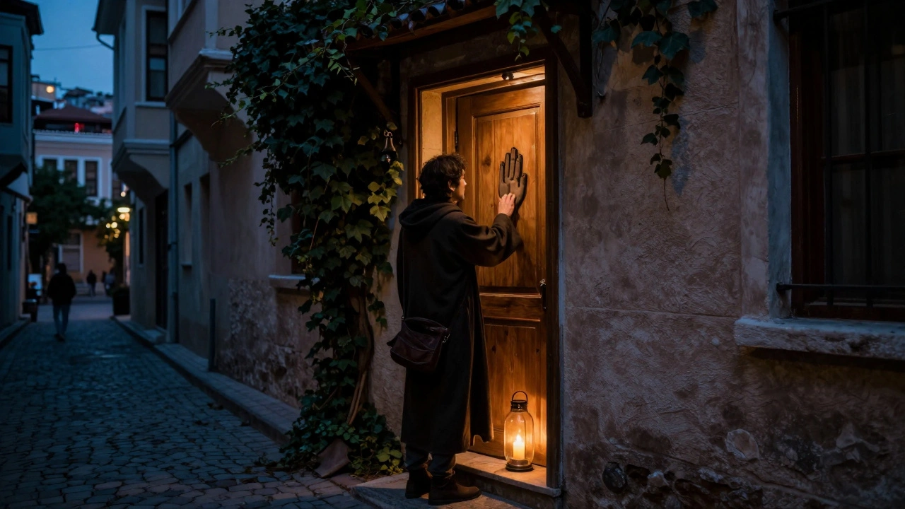 A hidden entrance in Istanbul with a carved hand symbol on a wooden door, lit by a single candle at dusk.