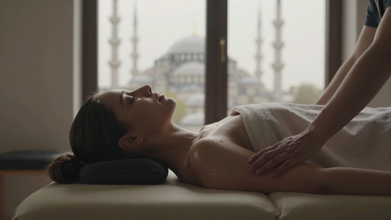 A person lying peacefully during a sensual massage, tear on cheek, with soft morning light illuminating the scene.