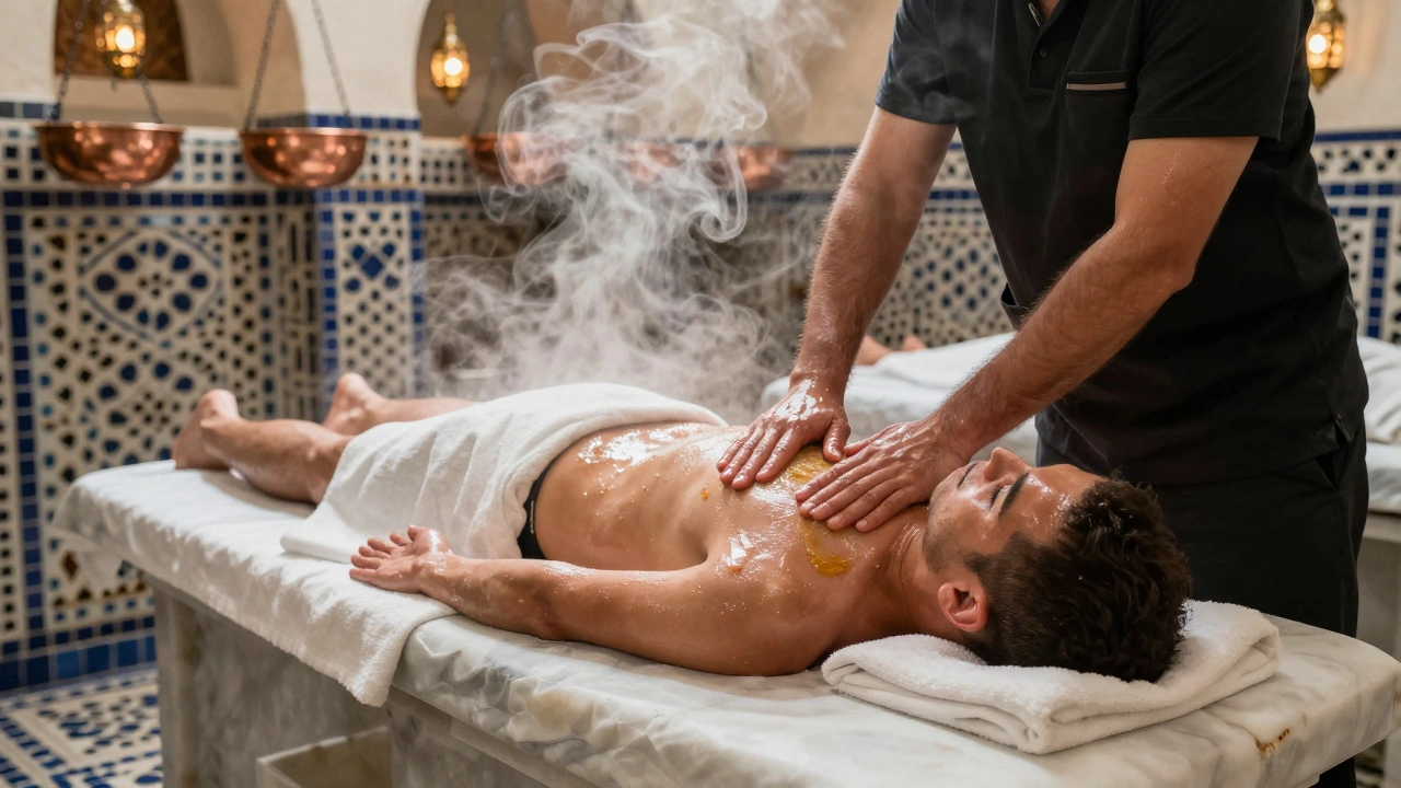 A person receiving a traditional Turkish hammam massage on a marble slab with steam and copper bowls around them.