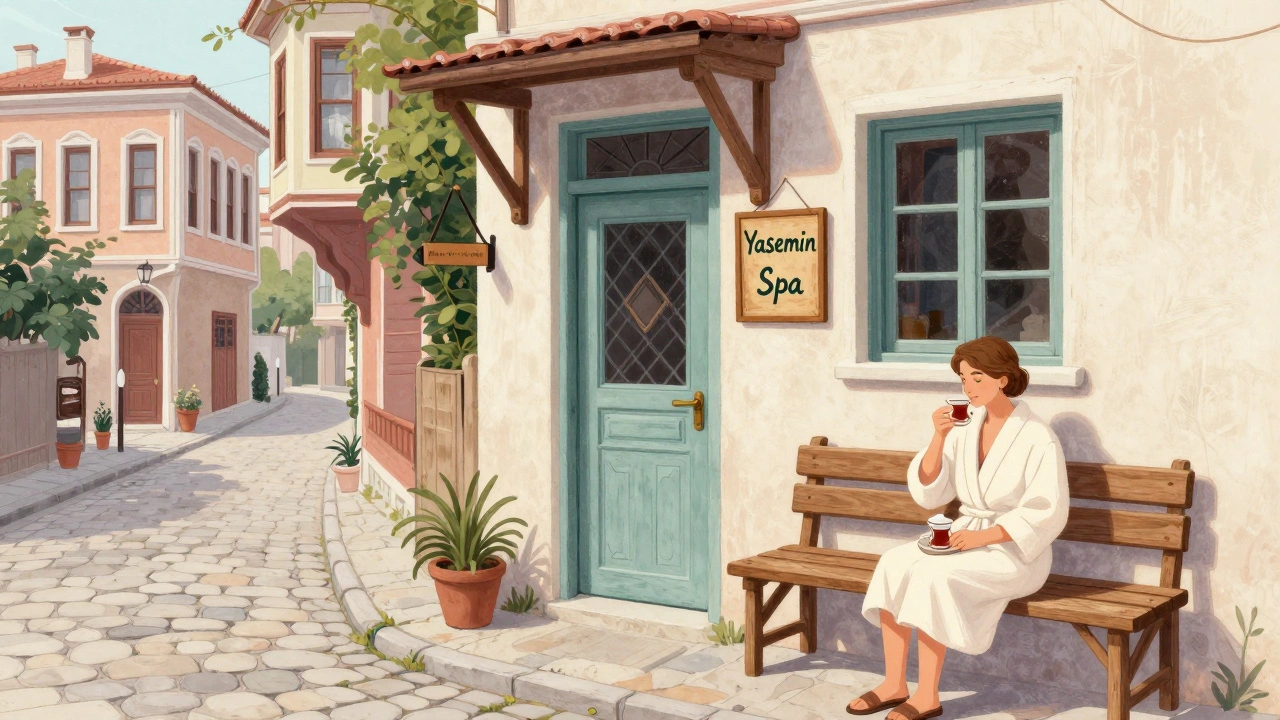 A quiet neighborhood spa in Beyoğlu with a hand-painted Turkish sign, a customer sipping tea on a wooden bench, no English signage.