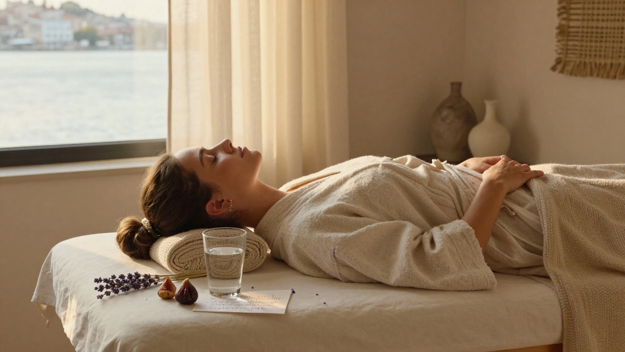 A relaxed client resting after a massage, with a glass of water, a fig, and soft light filtering through curtains.