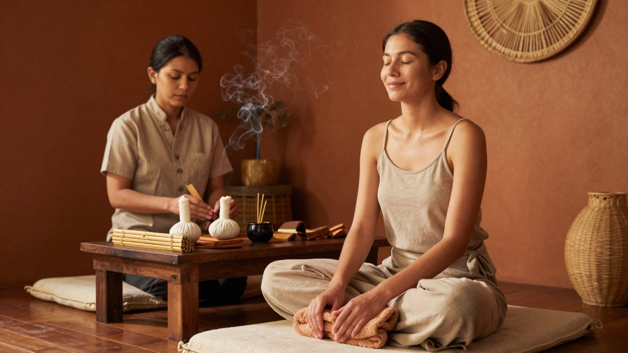 A relaxed client resting with warm towels wrapped around feet after a Thai foot massage session.
