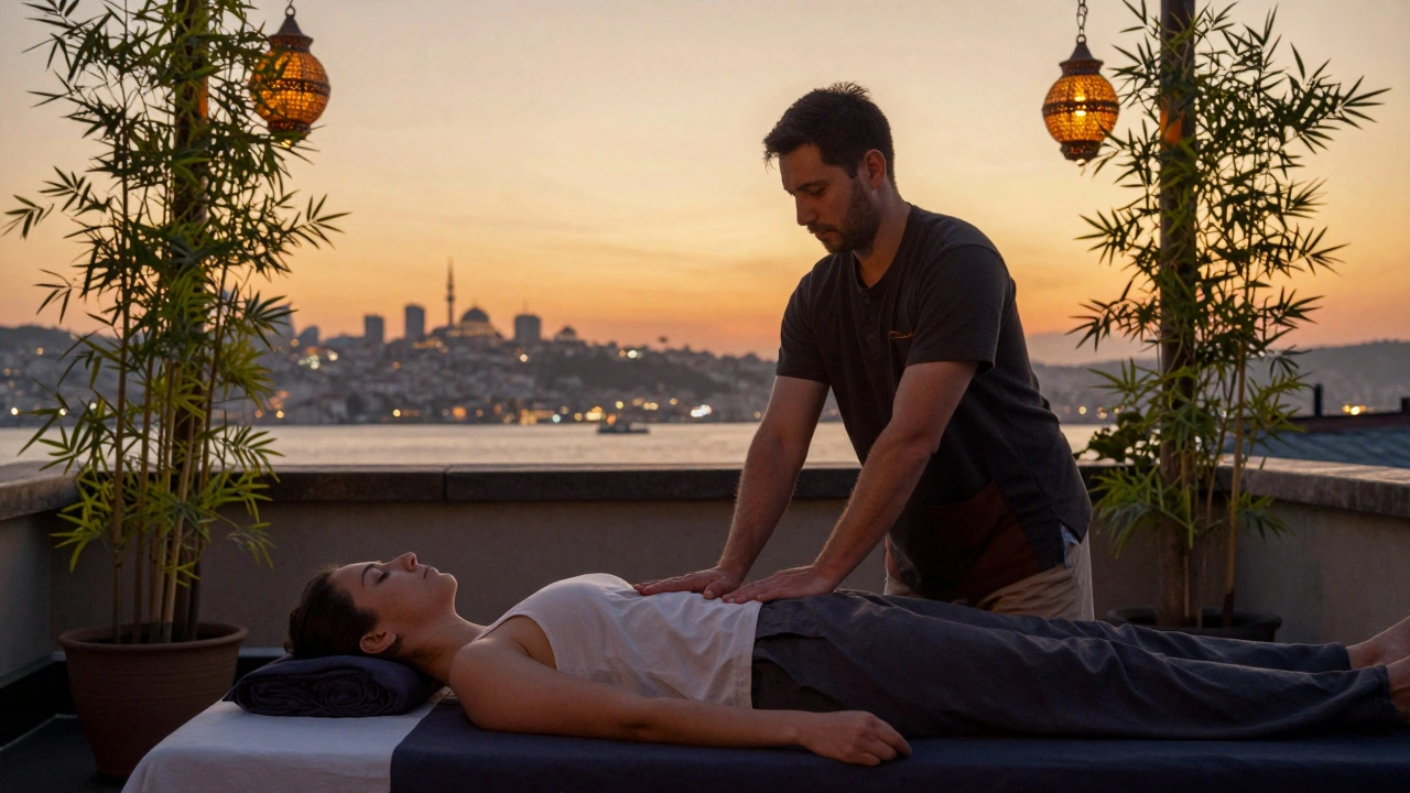 A rooftop Thai massage session in Istanbul at sunset, with the Bosphorus skyline visible behind a therapist and client on a mat.