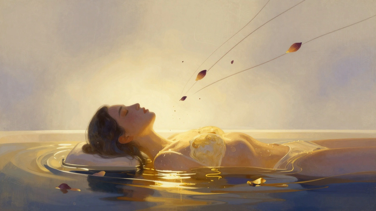 A silhouette dissolving into golden light, symbolizing emotional release after a therapeutic massage.