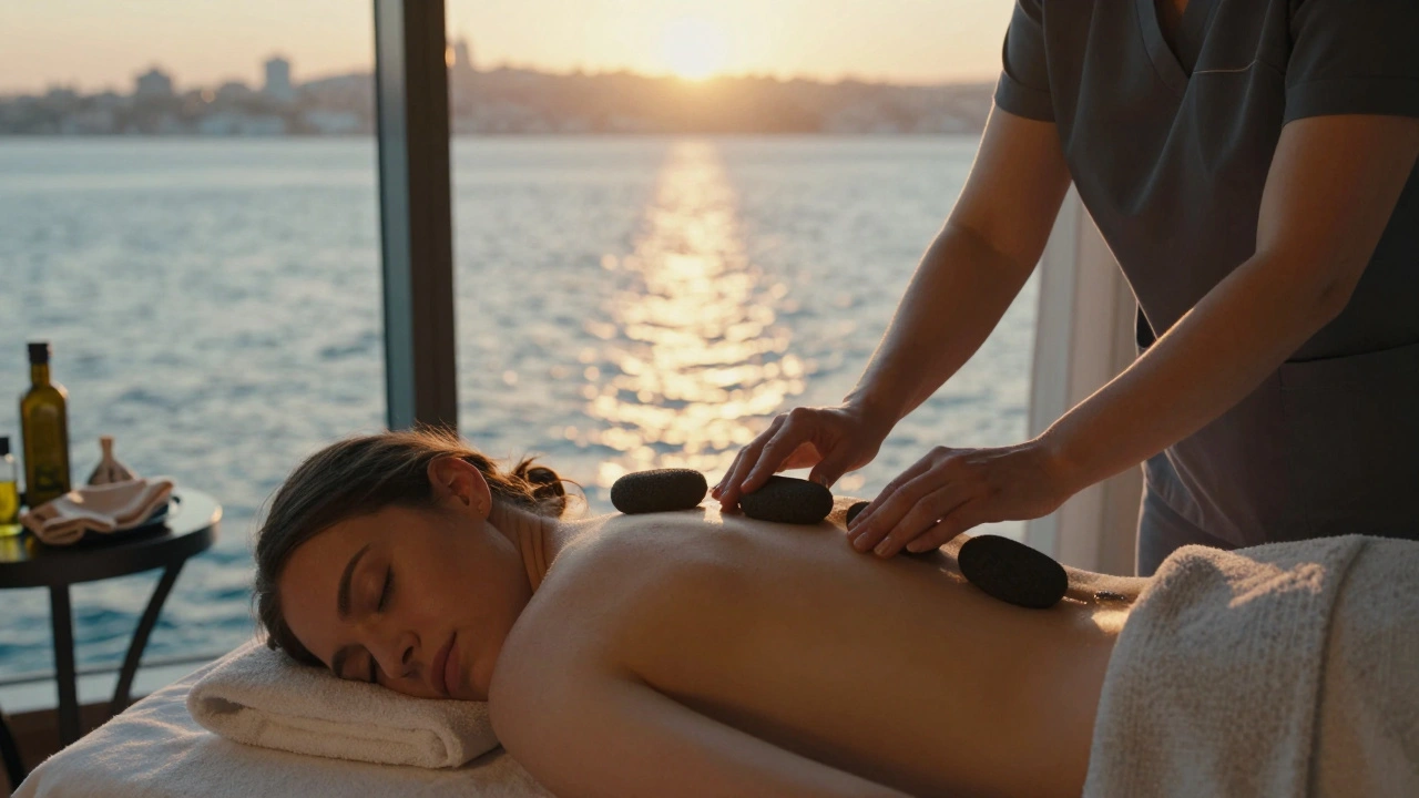 A therapist placing warm stones along a client's back as Bosphorus sunlight streams through a spa window.