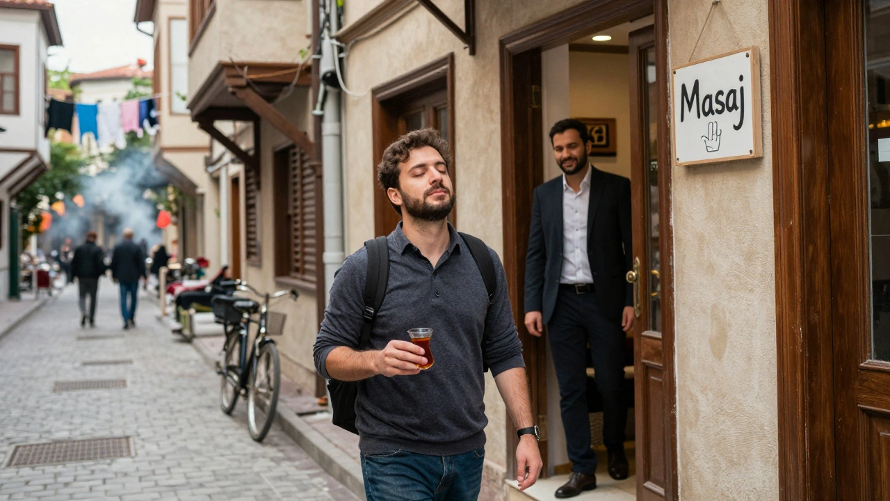 A tired traveler walks away from a hidden massage shop in Şişli, holding tea, shoulders relaxed after a session.