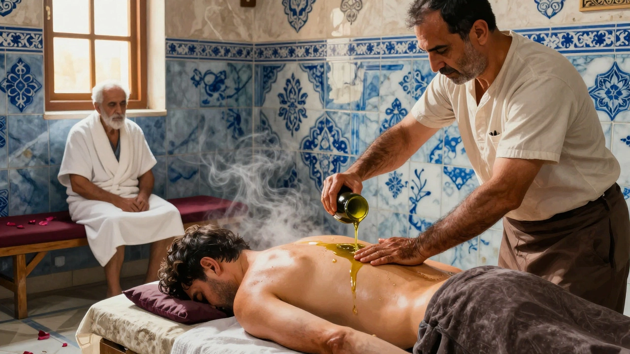 A traditional hammam massage in Fatih, with olive oil being poured onto a client's back as steam rises in a tiled room.