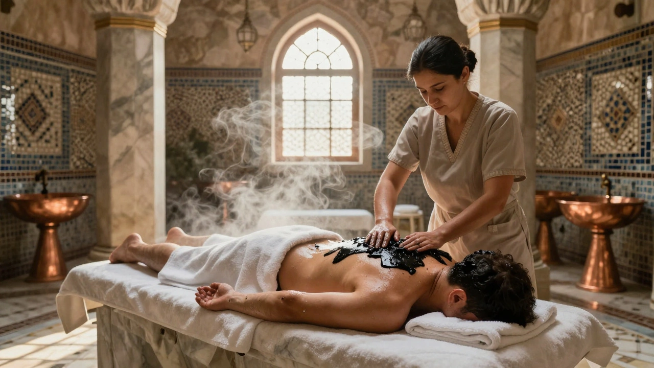 A traditional Turkish hammam ritual with a therapist scrubbing a client’s back in steamy marble bath with mosaic tiles.