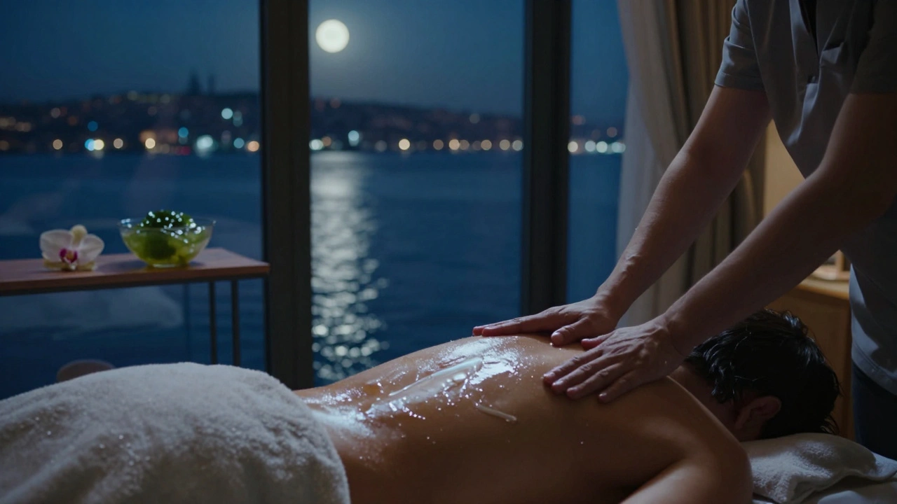 A tranquil spa room with Bosphorus views, showing a therapist gliding smoothly over a client's back using luminous gel.