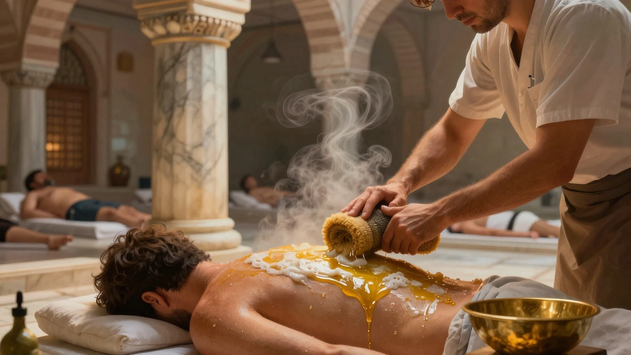 A traveler being gently scrubbed in a traditional Turkish hammam, surrounded by steam, marble columns, and glowing lather under soft Ottoman lighting.