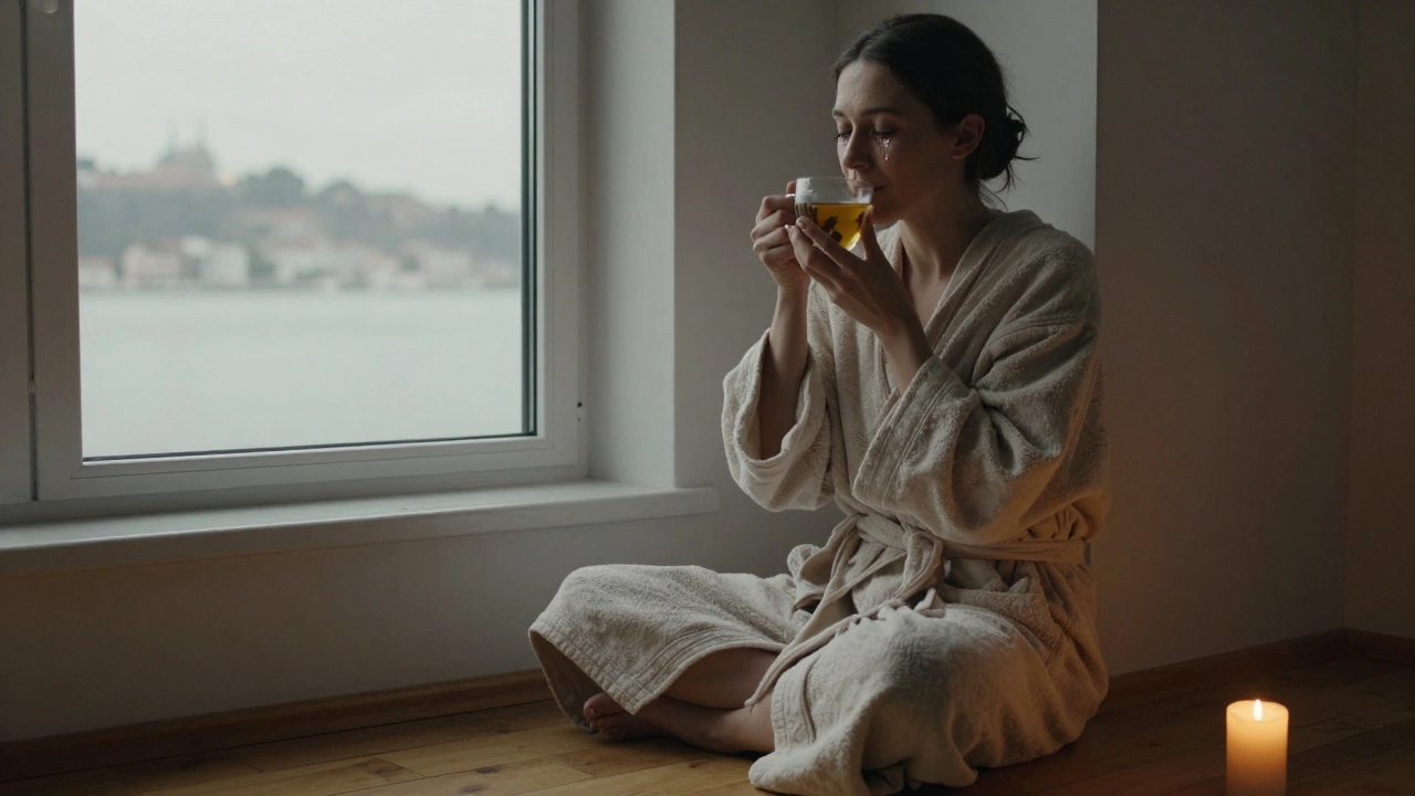A woman sits wrapped in a robe, sipping tea by a window, tears on her cheeks, gazing peacefully at the Bosphorus as a candle flickers beside her.