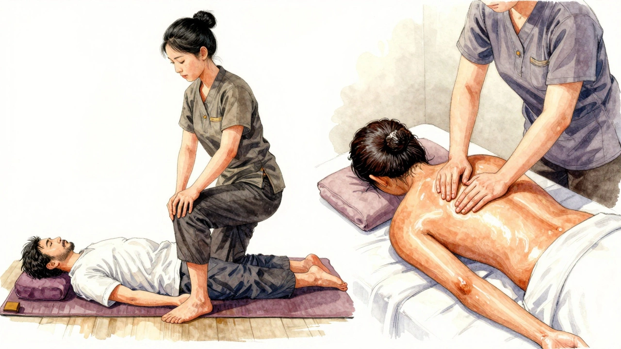Artistic comparison: Thai massage with stretching on a mat versus Swedish massage with oil and table strokes.