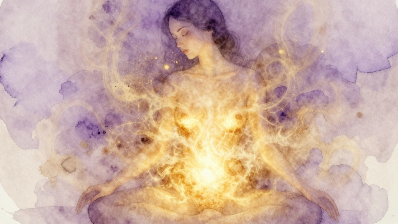 Golden light softly radiating from a woman’s pelvis, symbolizing emotional healing and inner peace.