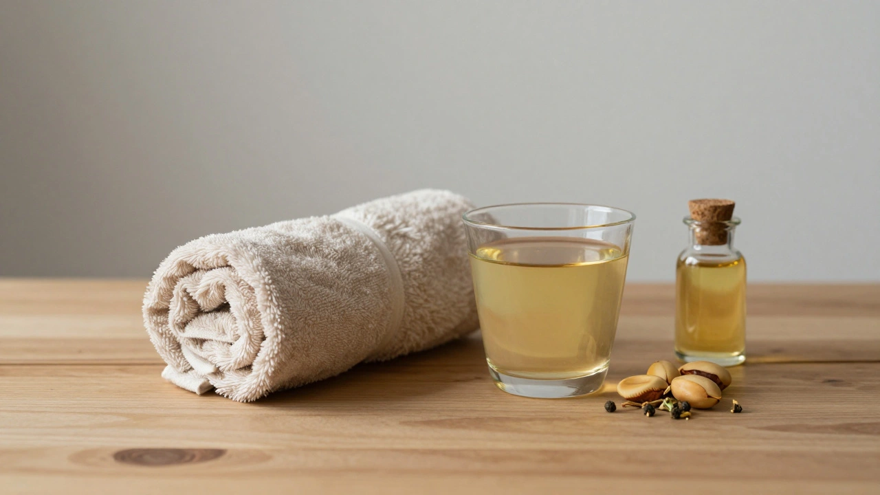 Herbal tea and argan oil jar on wooden spa table.