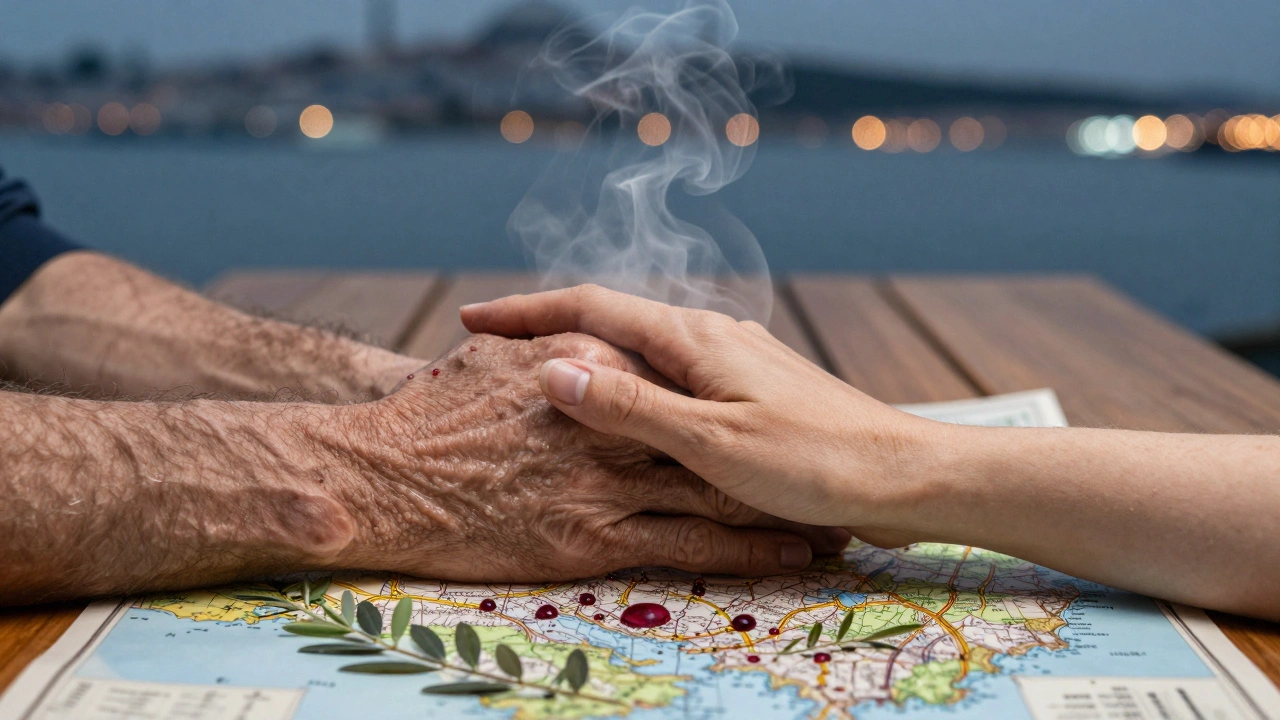 Interlaced hands over a wooden table, with Istanbul's map fading into olive branches and rosewater droplets, symbolizing restoration and tradition.