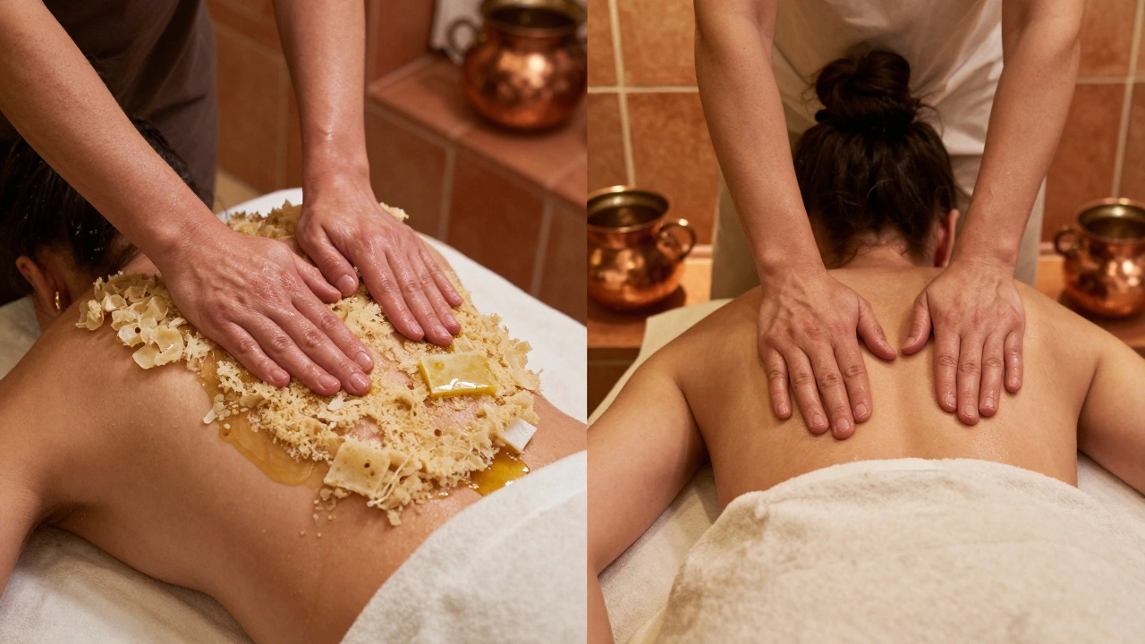 Split view of traditional Turkish hammam scrub and deep tissue massage, with terracotta tiles and copper pots, symbolizing cultural wellness ritual.