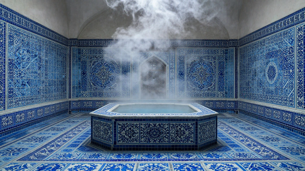 Steam rising in traditional Turkish hammam with mosaic tiles.