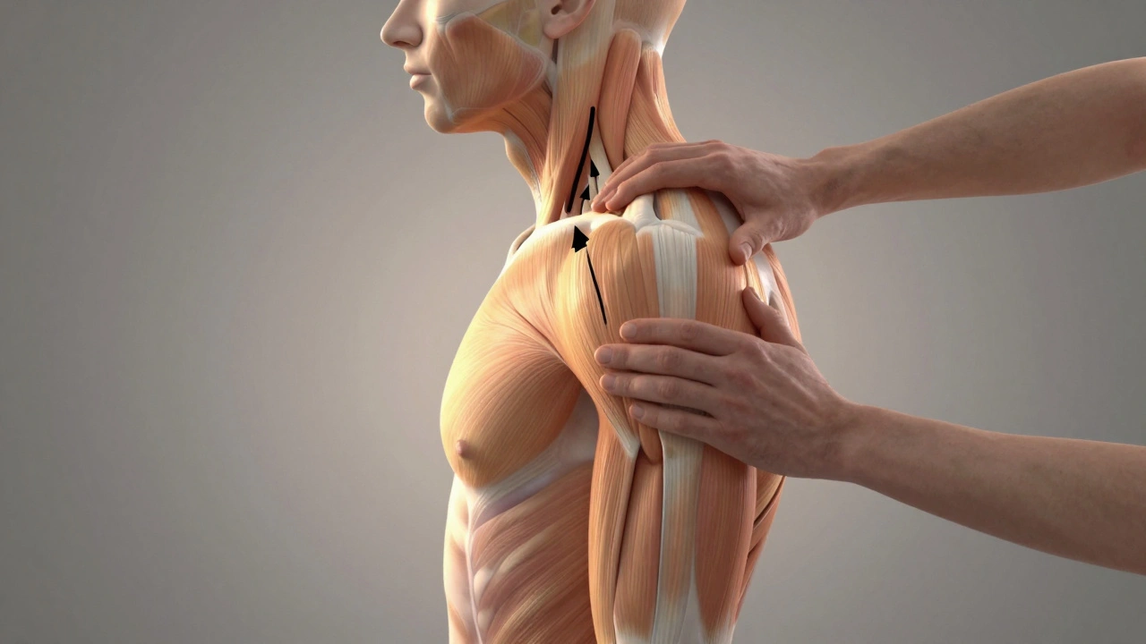 Therapist applying pressure to key postural muscles while spine transitions from curved to aligned.