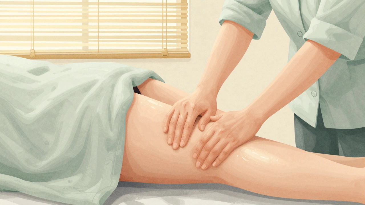 Therapist’s hands performing a gentle massage on a client’s thigh in a calm, minimalist studio setting.