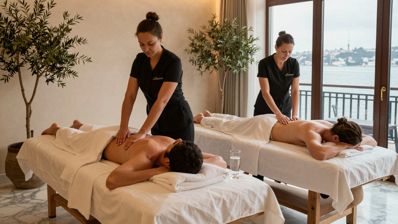 Two people enjoying a couples massage side by side in a serene Bosphorus-view spa room.