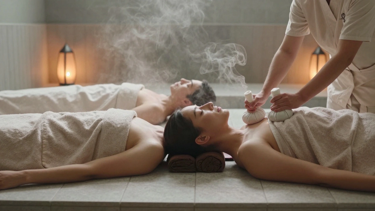 Two people receiving side-by-side hammam massages in steam, wrapped in towels, bathed in soft lantern light.