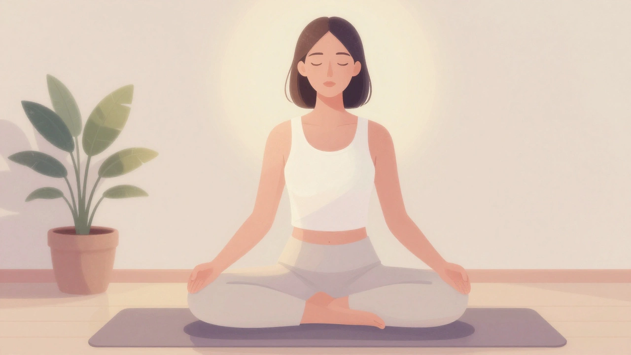 Woman meditating in softly lit room with potted plant.