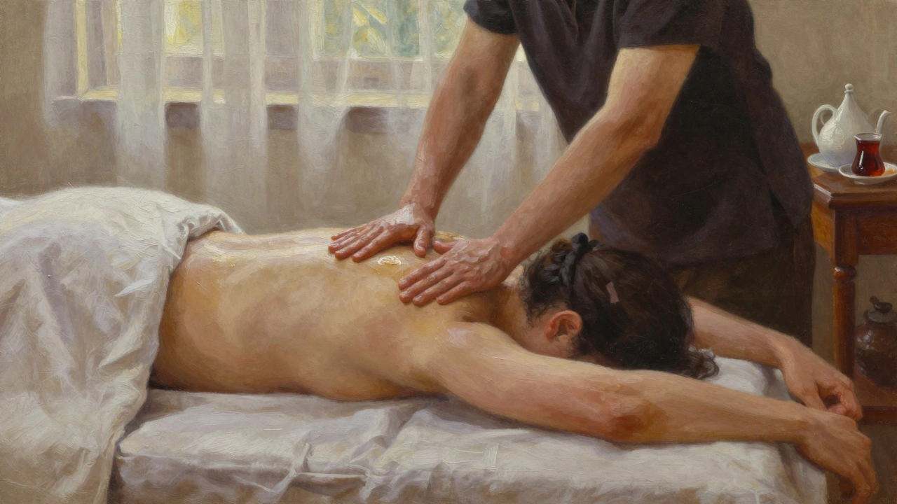 A client draped in towels receiving a full-body massage with warm oil, in a quiet Turkish spa with tea on a side table.