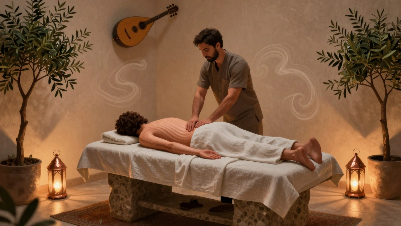 A client receiving a body-to-body massage on a heated stone table in a traditional Turkish hammam-inspired studio with lantern light.