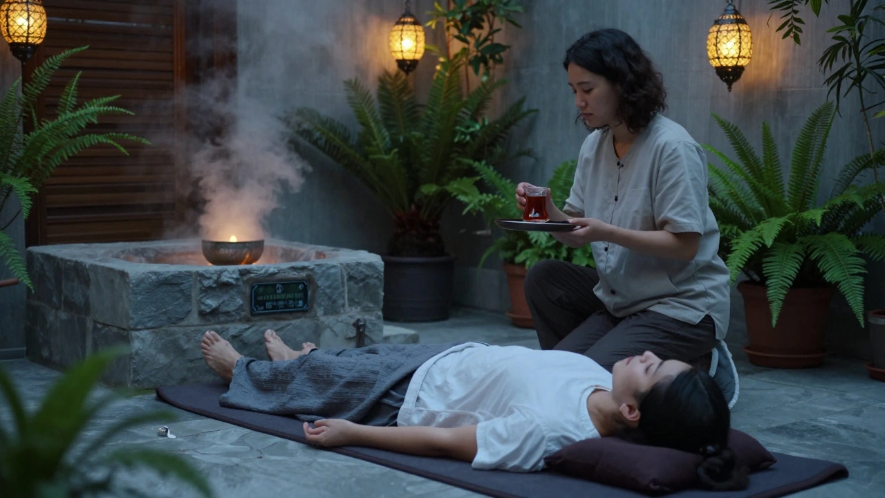 A client rests peacefully after a tantric session, surrounded by steam, lanterns, and greenery, with a therapist offering tea at a distance.