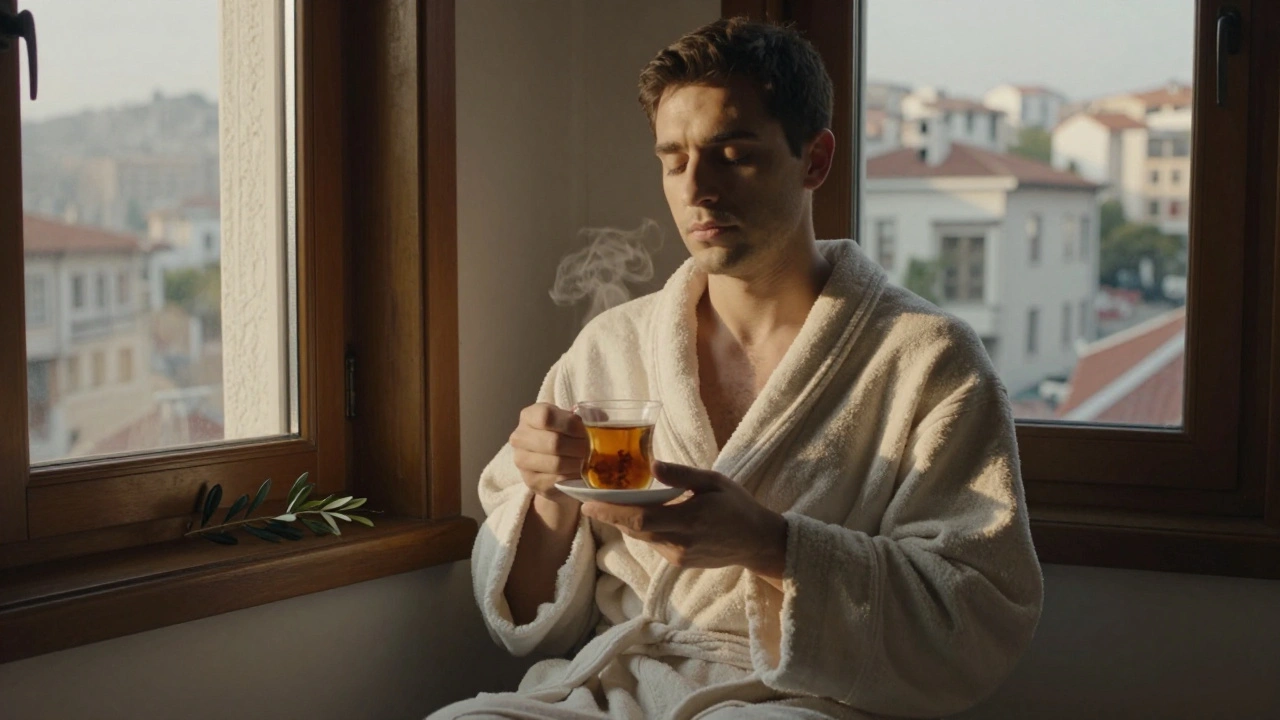 A client wrapped in a robe, sipping herbal tea by a window in Kadıköy, soft light on relaxed shoulders, olive branch outside, post-massage stillness.