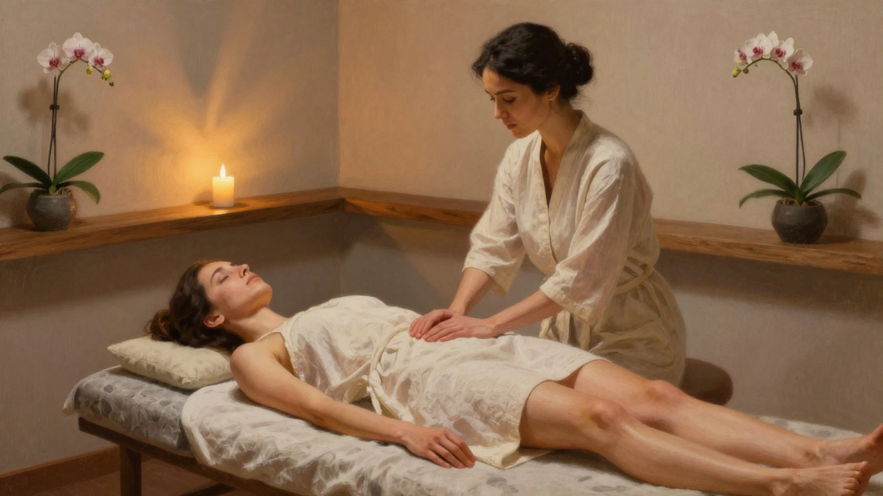 A female therapist gently performs a yoni massage in a serene, candlelit room, both figures draped in lightweight robes.