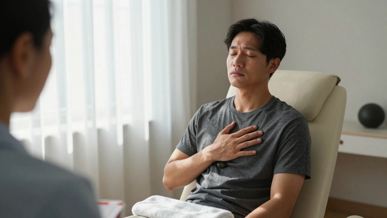 A man sitting alone in quiet reflection, tears falling, holding a warm stone as morning light streams through curtains, post-session emotional healing.