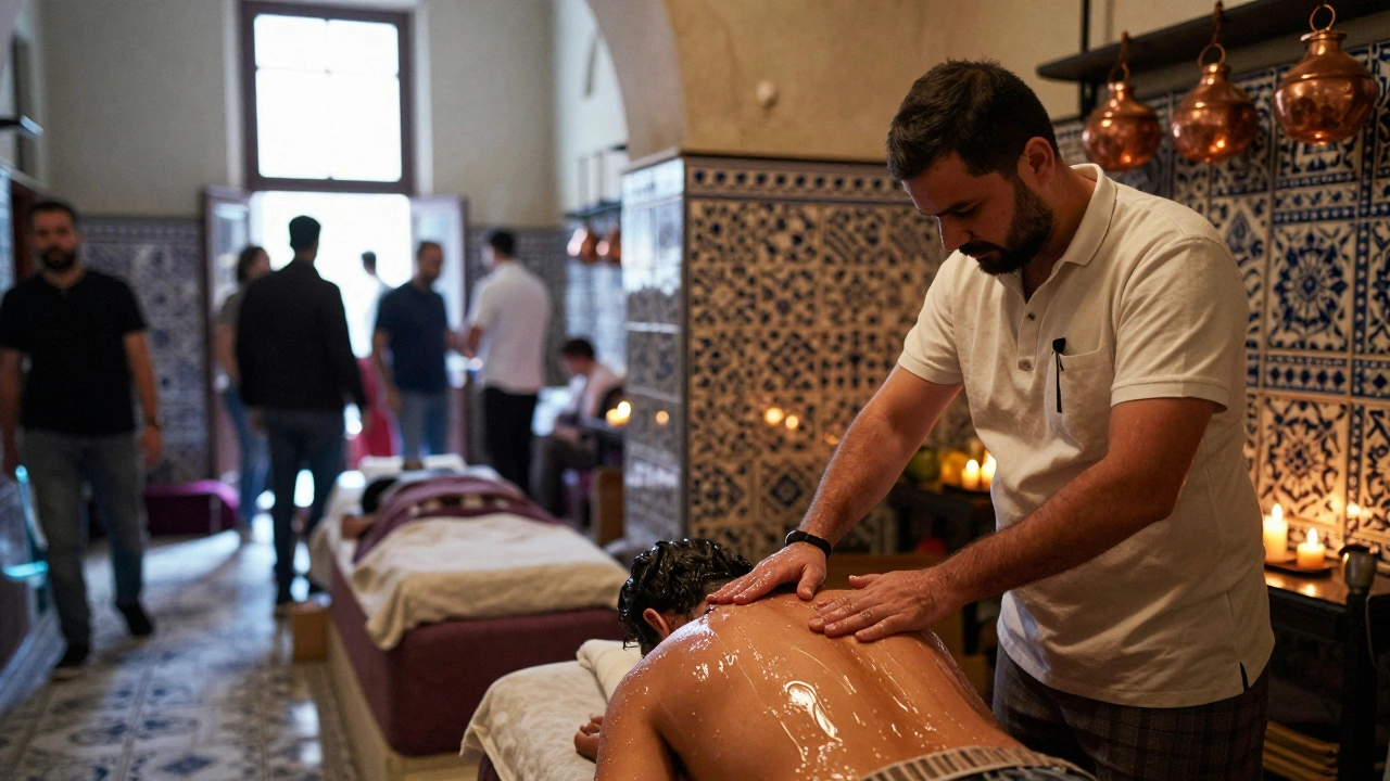 A peaceful local spa in Kadıköy where a therapist pours rosewater oil on a client, contrasting busy tourist spas with authentic calm.