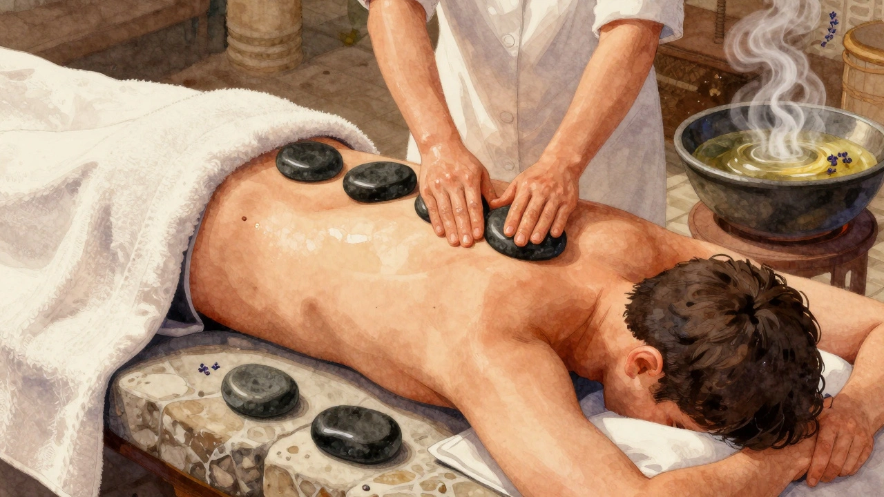 A person receiving a traditional hammam massage with hot stones gliding along their spine, surrounded by soft light and aromatic oils.