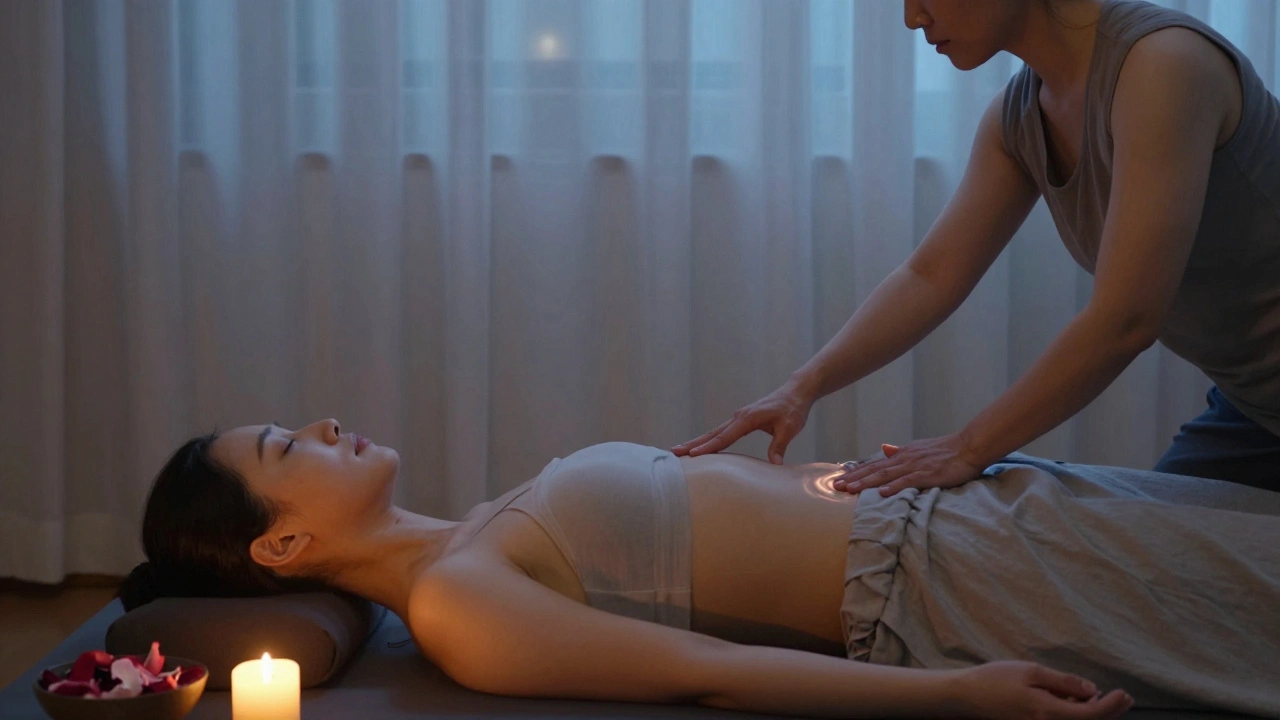 A practitioner uses gentle hand movements above the pelvic area during a lingam massage, focusing on energy flow without direct contact.