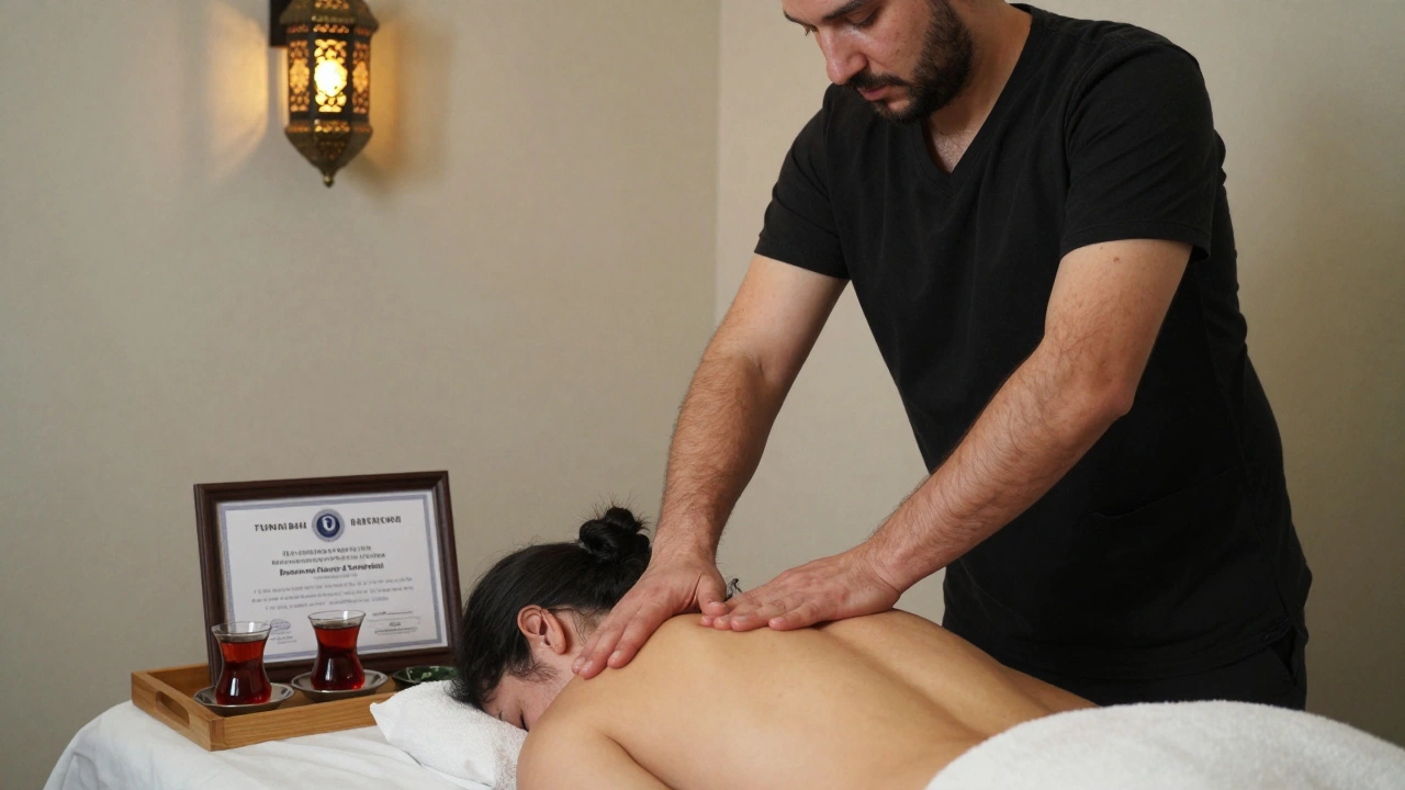 A professional massage therapist working on a client’s shoulders in a quiet room, with a certification on the wall and warm lighting.
