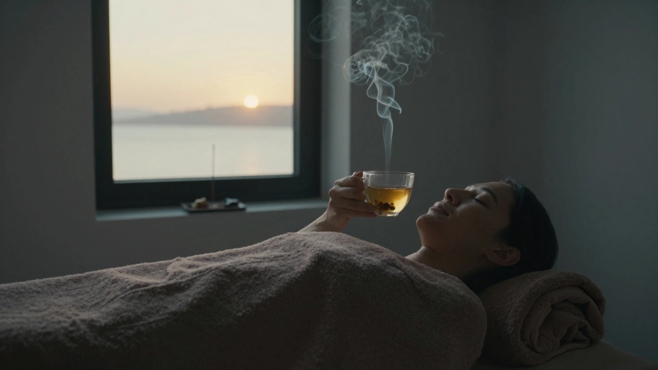 A relaxed client wrapped in a towel, sipping tea after a body-to-body massage, bathed in golden afternoon light.