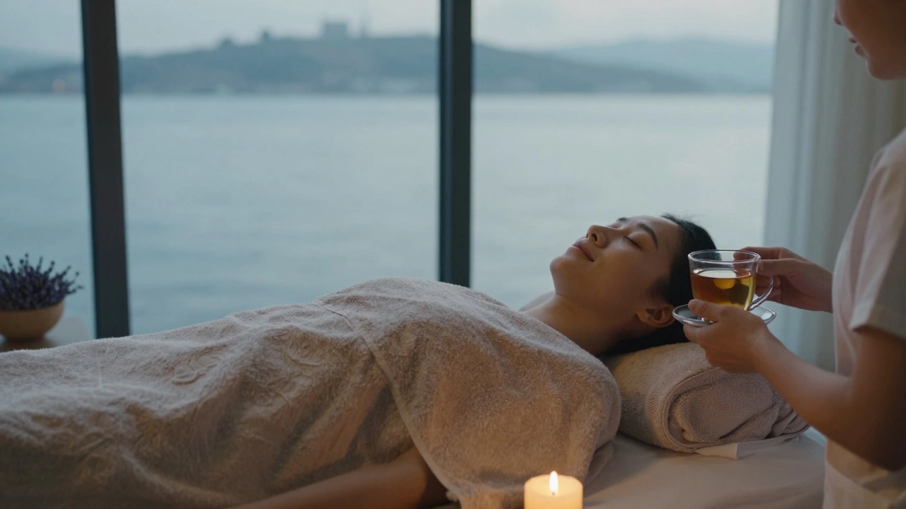 A relaxed client wrapped in a towel, sipping tea by a Bosphorus window after a calming nuru session.