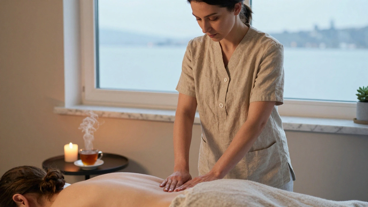 A therapist giving a Swedish massage in a private home studio with a view of the Bosphorus and herbal tea nearby.