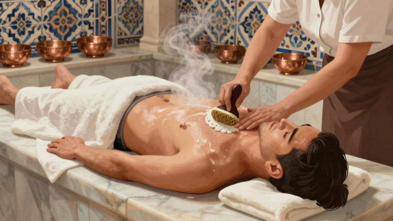 A traditional Turkish hammam ritual with steam, marble, and a therapist using a kese glove to exfoliate skin.