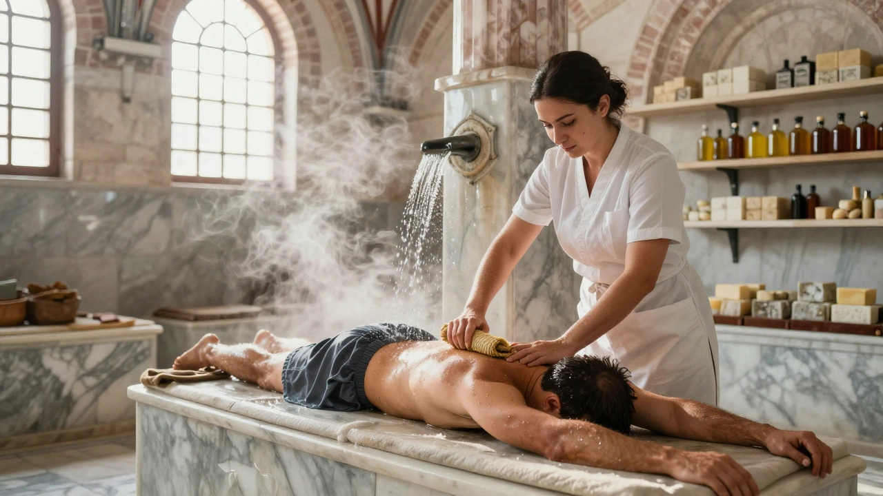 A traditional Turkish hammam scrub ritual with steam, marble walls, and natural oils.