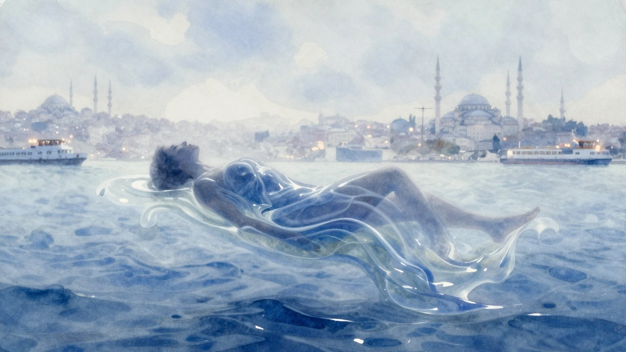 A weightless human form suspended in shimmering gel, surrounded by fading city lights of Istanbul.