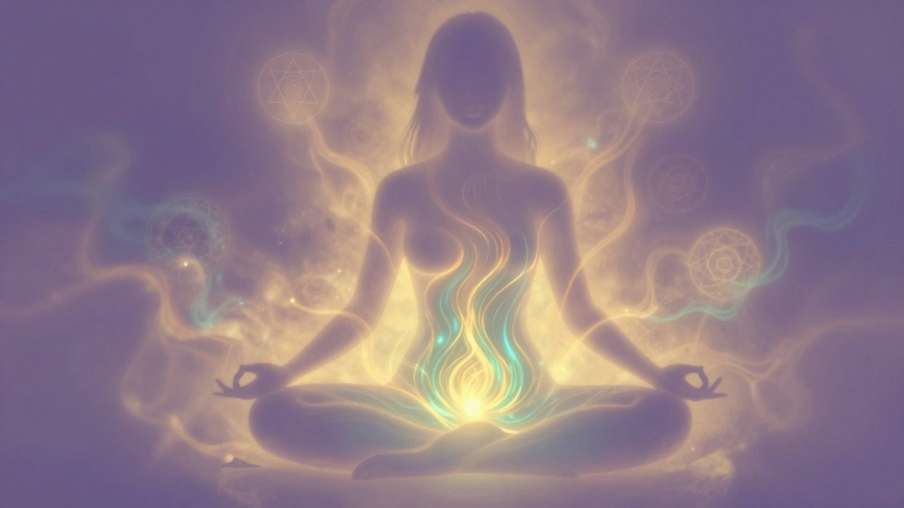 Abstract golden energy flowing around a meditative silhouette