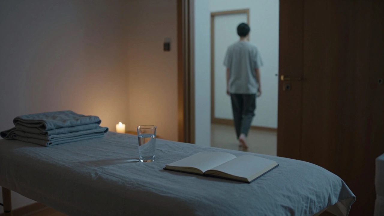 An empty massage room after a session, with a water glass, open journal, and clothes folded neatly, conveying quiet emotional release.