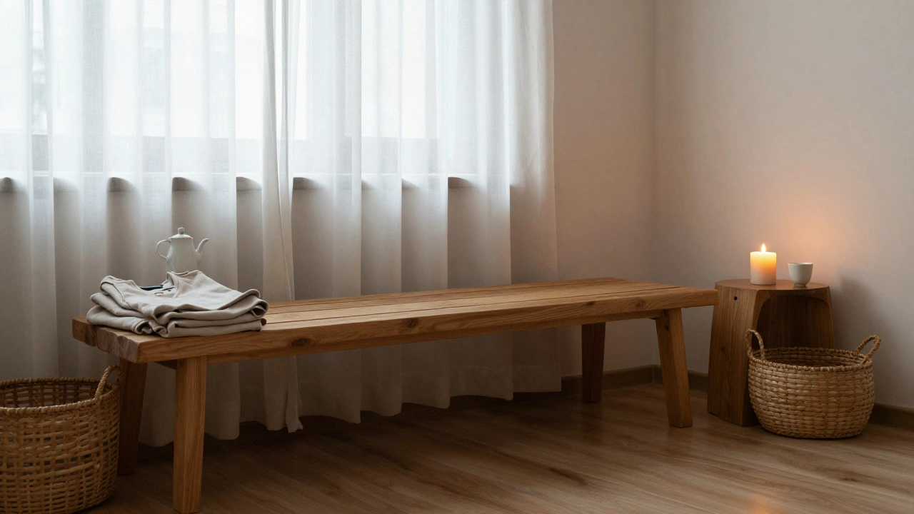An empty, tranquil waiting area with a teapot, clothes, and a flickering candle — a calm space before a tantra session.