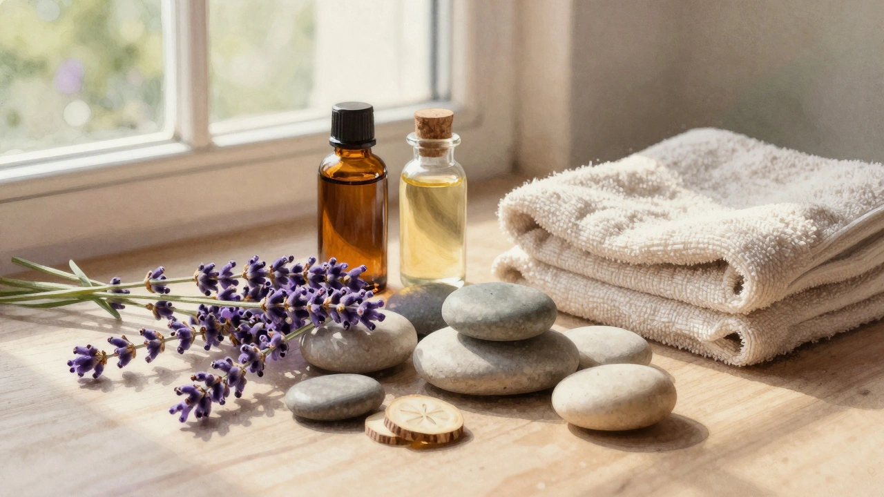 Aromatic wellness products and stones arranged on serene spa surface