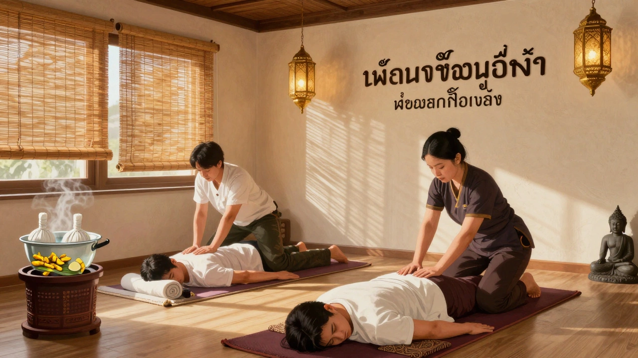 Authentic Nuad Boran Thai massage session with herbal compresses and lantern-lit wooden interior in Beyoğlu.