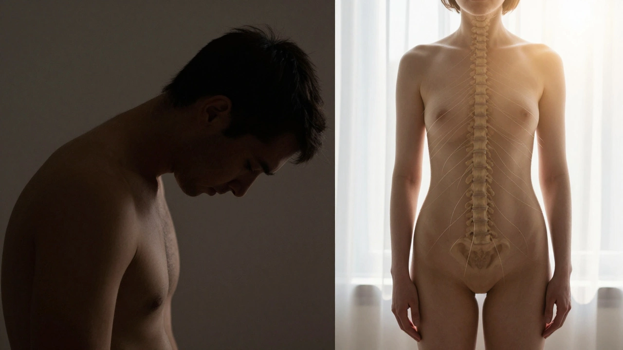 Before-and-after visual of a person releasing chronic pain, with light replacing shadow and posture restored.